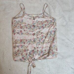 7TH RAY Women's Floral Strappy‎ Tank Top Blouse White Tie Front